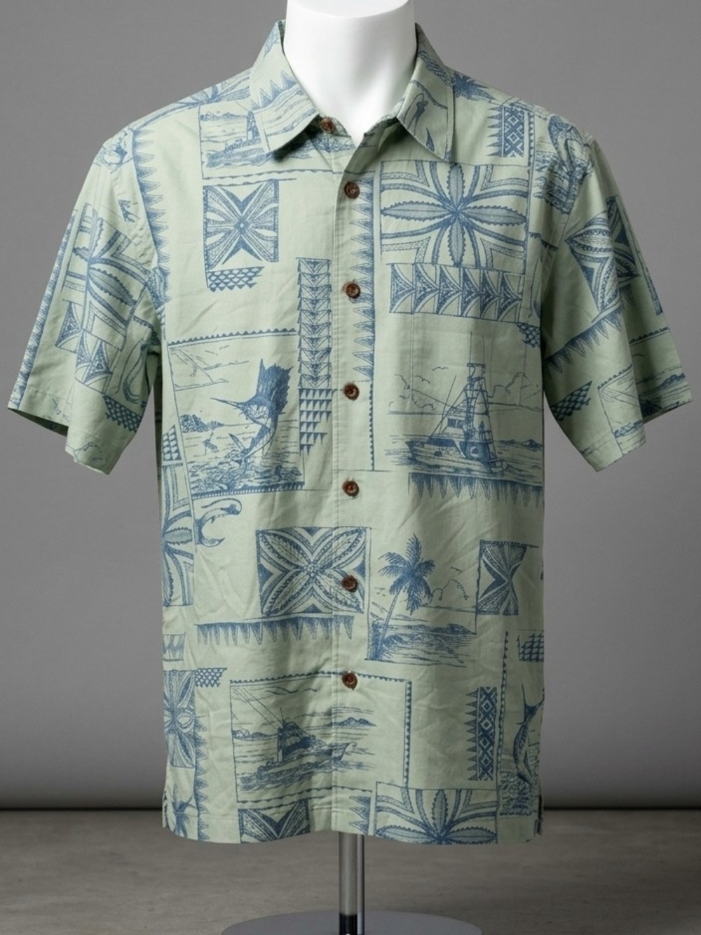 980 Quiksilver Bill Fish Marlin Boat Hawaiian Shirt Sage Green Lyocell Size M